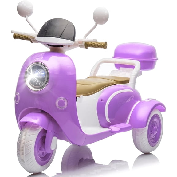 Track Seven 12V Kids Ride on Motorcycle, 3-Wheel 2-Seater Electric Motorcycle with Dual Motor, Bluetooth, LED Lights, Storage Trunk, Front Hook, Ride on Toy Car for Boys Girls Aged 3+, Purple