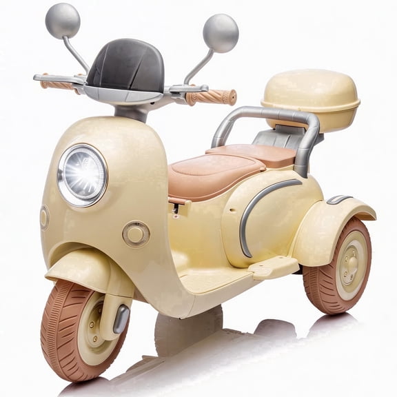 Track Seven 12V Kids Ride on Motorcycle, 3-Wheel 2-Seater Electric Motorcycle with Dual Motor, Bluetooth, LED Lights, Storage Trunk, Front Hook, Ride on Toy Car for Boys Girls Aged 3+, Beige