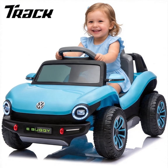 Track Seven 12V Licensed Volkswagen Beetle Kids Ride on Car, 2WD Electric Car with Remote Control, Bluetooth, Music, Headlights, Rear Cargo Storage, 12V Ride on Toy Car for Boys Girls Aged 3+, Blue