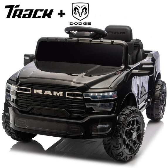 Track Seven 12V Ride on Car, Licensed Dodge RAM 3500 Ride On Truck with Remote Control, Rear Shock Suspension, LED Headlights, Low Battery Alarm, Bluetooth, Music, Ride on Toy for Kids Aged 3+, Black
