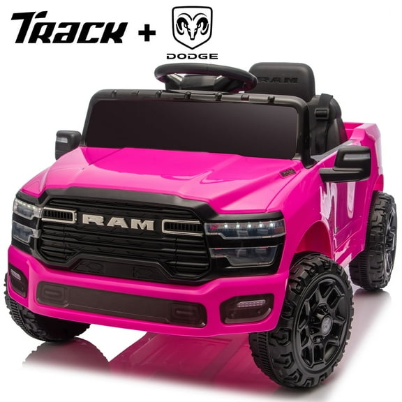 Track Seven 12V Ride on Car, Licensed Dodge RAM 3500 Ride On Truck with Remote Control, Rear Shock Suspension, LED Headlights, Low Battery Alarm, Bluetooth, Music, Ride on Toy for Kids Aged 3+, Pink