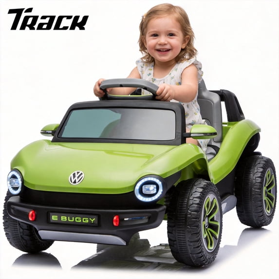 Track Seven 12V Ride on Car, Licensed Volkswagen Beetle Kids Electric Car with Remote Control, Bluetooth, USB, Rear Storage, LED Light, 2WD, Electric Ride on Toy Car for Kids Toddlers Aged 3+, Green