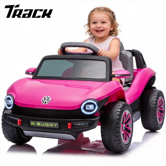 Track Seven 12V Ride on Car, Licensed Volkswagen Beetle Kids Electric Car with Remote Control, Bluetooth, USB, Rear Storage, LED Light, 2WD, Electric Ride on Toy Car for Kids Toddlers Aged 3+, Pink