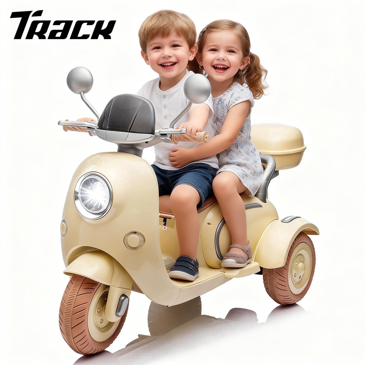 Track Seven 12V Ride on Motorcycle, 2-Seater Electric Motorcycle with Dual Motor, 3 Wheels Motorbike with Bluetooth, LED Lights, Storage Box, Front Hook, Ride on Toy Car for Boys Girls Aged 3+, Beige