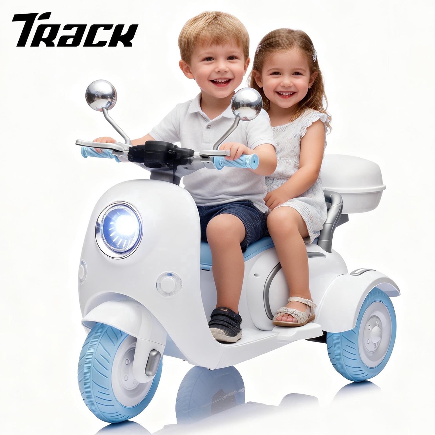Track Seven 12V Ride on Motorcycle, 2-Seater Electric Motorcycle with Dual Motor, 3 Wheels Motorbike with Bluetooth, LED Lights, Storage Box, Front Hook, Ride on Toy Car for Boys Girls Aged 3+, White