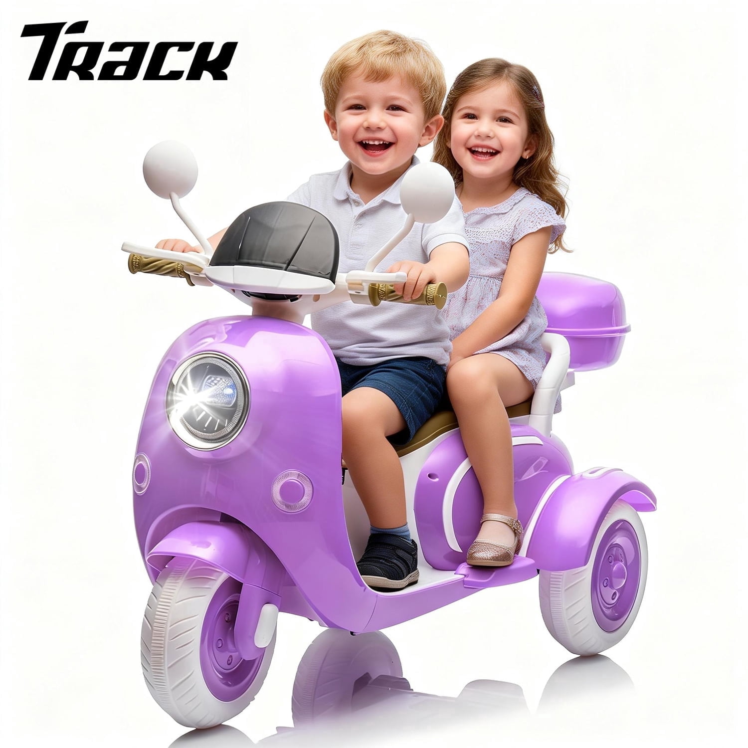 Track Seven 12V Ride on Motorcycle, 2-Seater Electric Motorcycle with Dual Motor, 3 Wheels Motorbike with Bluetooth, LED Lights, Storage Box, Front Hook, Ride on Toy Car for Boys Girls Aged 3+