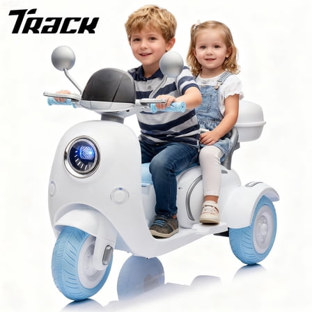 Track Seven 12V Ride on Motorcycle, 2-Seater Electric Motorcycle with Dual Motor, 3 Wheels Motorbike with Bluetooth, LED Lights, Storage Box, Front Hook, Ride on Toy Car for Kids Aged 3+, White