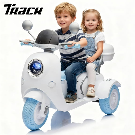 Track Seven 12V Ride on Motorcycle, 2-Seater Electric Motorcycle with Dual Motor, 3 Wheels Motorbike with Bluetooth, LED Lights, Storage Box, Front Hook, Ride on Toy Car for Kids Aged 3+, White
