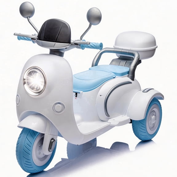 Track Seven 12V Ride on Motorcycle, 2-Seater Electric Motorcycle with Dual Motor, 3 Wheels Motorbike with Bluetooth, LED Lights, Storage Box, Front Hook, Ride on Toy Car for Kids Aged 3+, Blue