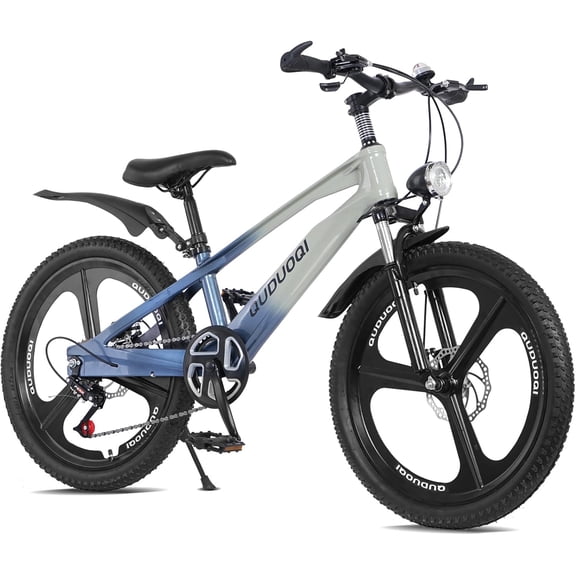 Track Seven 20 Inch Kids Bike, Kids Mountain Bike for Boys and Girls Ages 8-12 Years, 7-Speed Youth Bicycle with Dual Disc Brakes, Front Suspension, LED Headlight, Lightweight Alloy Frame, Blue