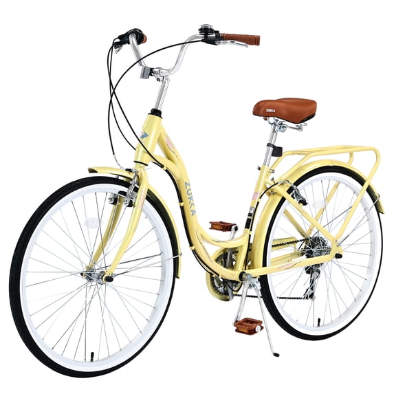 Track Seven 24 Inch Beach Cruiser Bike, Womens Bike with 7 Speed, High-Carbon Steel Ladies City Bikes with Dual V-Brake, Commuter Bicycle for Adult and Women, Yellow