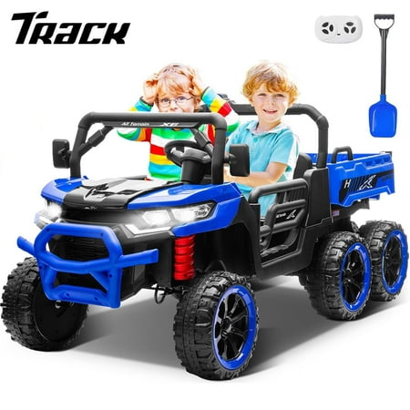 Track Seven 24V 2-Seater Ride-On Dump Truck, 4WD 6-Wheel w/Remote Control, Electric Dump Bed, Toy Shovel, Music, Max Speed 5 mph, 21" Large Seat for Kids Age 3+, Blue