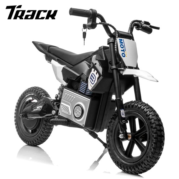 Track Seven 24V Electric Dirt Bike, 200W Ride on Motorcycle with Twist-Grip Throttle, LED Lamp, Music, Key Start, Up to 9.3 Mph, Ride on Toy Electric Bike for Kids Age 5+, Black