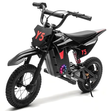 Track Seven 24V Electric Dirt Bike, 250W Ride on Motorcycle, 3 Speed Up-to 9.32 mph, Battery Display, Rear Suspension, Disc Brake, Bluetooth, LED Light, Electric Motocross Bike for Kids Age 8+, Black