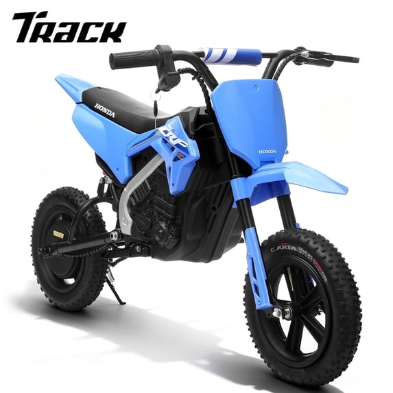 Track Seven 24V Electric Dirt Bike for Kids, Official Licensed Honda Electric Motorcycle, Up to 10 Mph, Twist-Grip Throttle, 12" Pneumatic Tires, Bluetooth, Music, 24V Motorcycle for Kids 6+, Blue