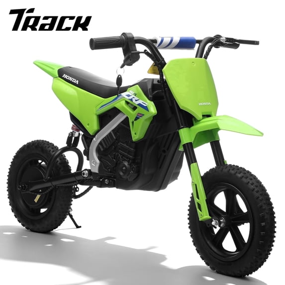 Track Seven 24V Electric Dirt Bike for Kids, Official Licensed Honda Electric Motorcycle, Up to 10 Mph, Twist-Grip Throttle, 12" Pneumatic Tires, Bluetooth, Music, 24V Motorcycle for Kids 6+, Green