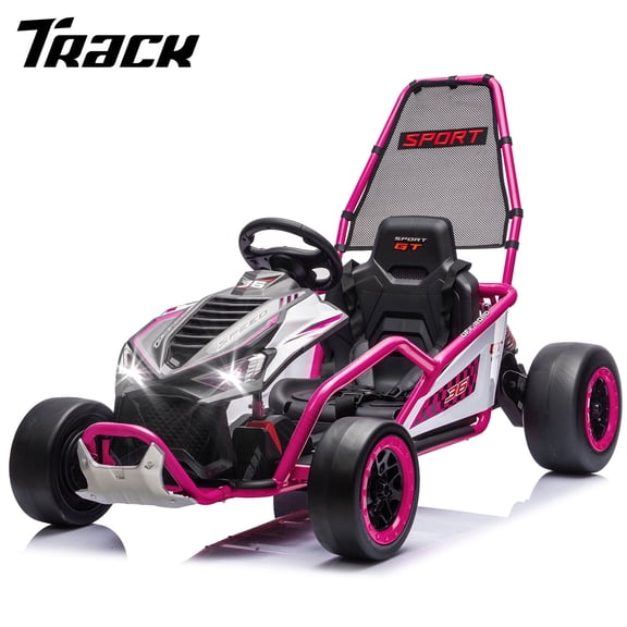 Track Seven 24V Electric Go Kart for Kids, Drift Crazy Cart with 400W Motors, Max 7 Mph, Protective Roll Cage, Metal Frame, 5-Point Harness, Bluetooth, 24V Ride on Toy Car Kart for Kids Aged 6+, Pink