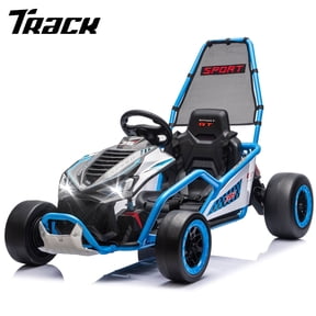 Track Seven 24V Electric Go Kart for Kids, Drift Crazy Cart with 400W Motors, Max 7 Mph, Protective Roll Cage, Metal Frame, 5-Point Harness, Bluetooth, 24V Ride on Toy Car Kart for Kids Aged 6+, Blue