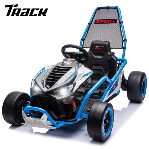 Track Seven 24V Electric Go Kart for Kids, Drift Kart with 400W Motors, Max 7 Mph, Protective Roll Cage, Metal Frame, 5-Point Harness, Bluetooth, 24V Ride on Toy Car Cart for Kids Aged 6+, Blue