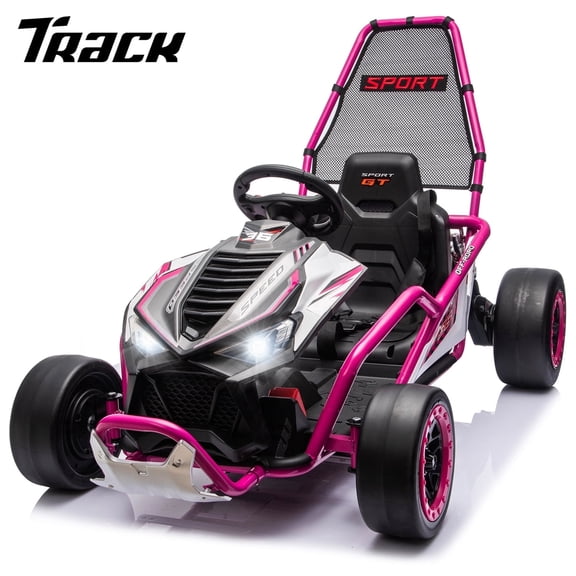 Track Seven 24V Electric Go Kart for Kids, Drift Kart with 400W Motors, Max 7 Mph, Protective Roll Cage, Metal Frame, 5-Point Harness, Bluetooth, 24V Ride on Toy Car Cart for Kids Aged 6+, Pink
