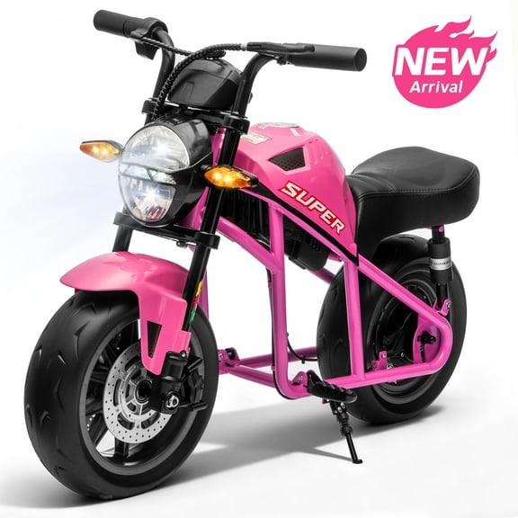 Track Seven 24V Electric Motorcycle for Kids, 300W Electric Dirt Bike Up to 11 MPH, Twist-Grip Throttle, Rear Brake, 14-Inch EVA Tires, Music, Light, Electric Bike for Kids Aged 6+, Pink