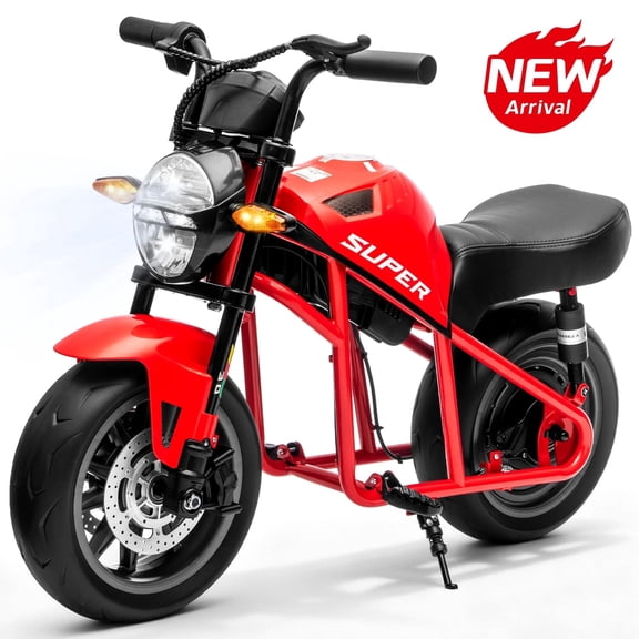 Track Seven 24V Electric Motorcycle for Kids, 300W Electric Dirt Bike Up to 11 MPH, Twist-Grip Throttle, Rear Brake, 14-Inch EVA Tires, Music, Light, Electric Bike for Kids Aged 6+, Red