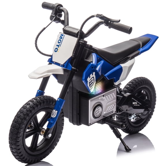 Track Seven 24V Kids Electric Dirt Bike, 200W Ride on Motocross Motorcycle with Twist-Grip Throttle, Hand Brake, 12" Pneumatic Tires, Rear Shock, Bluetooth, Key Start, Up to 9.3 Mph, 5-12 Years, Blue