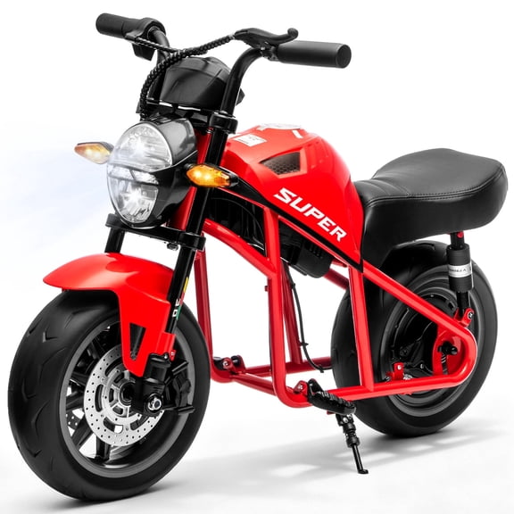 Track Seven 24V Kids Electric Motorcycle, 300W Electric Dirt Bike Up to 11 Mph, Twist-Grip Throttle, Hand Rear Brake, 14" EVA Tires, Music, Light, Dual Suspension, Motocross Toy for Kids Age 6+, Red
