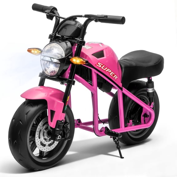 Track Seven 24V Kids Electric Motorcycle, 300W Electric Dirt Bike Up to 11 Mph, Twist-Grip Throttle, Hand Rear Brake, 14" EVA Tires, Music, Light, Dual Suspension, Motocross Toy for Kids Age 6+, Pink