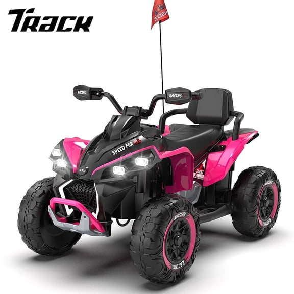 Track Seven 24V Kids Ride on ATV, 200W Four Wheeler Quad Electric Car with Remote Control, Bluetooth, LED Light, Shock Absorber, 24V Electric ATV for Boys Girls Aged 3+, Pink