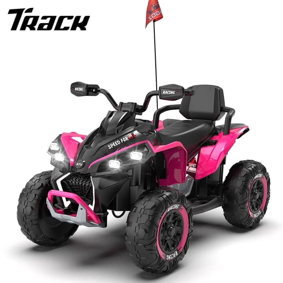 Track Seven 24V Kids Ride on ATV, 200W Four Wheeler Quad Electric Car with Remote Control, Bluetooth, LED Light, Shock Absorber, 24V Electric ATV for Boys Girls Aged 3+, Pink