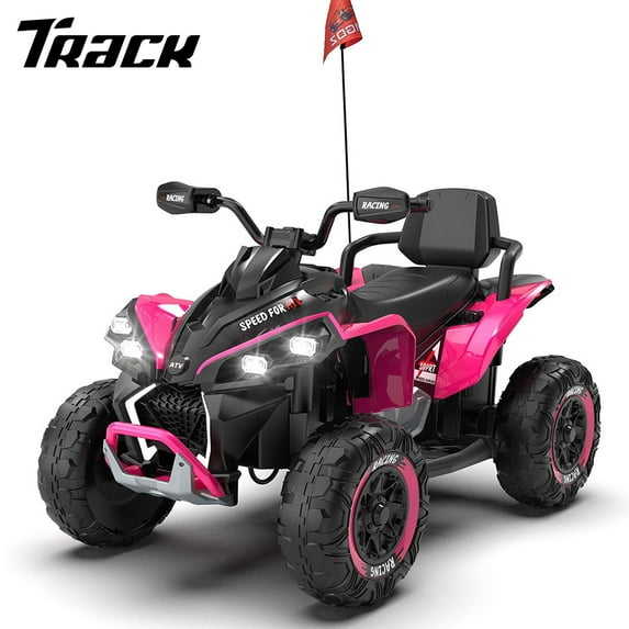 Track Seven 24V Kids Ride-On ATV, 200W Four Wheeler Quad Electric Car with Remote Control, Bluetooth, LED Light, Shock Absorber, Kids Electric ATV for Boys Girls Aged 3+, Pink