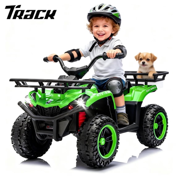 Track Seven 24V Ride on ATV, Kids ATV 4 Wheeler Quad Ride on Toy with Bluetooth, Crash Bar, Front & Rear Storage Rack, Power Display, LED Lights, Electric ATV for Boys Girls Aged 3+, Green