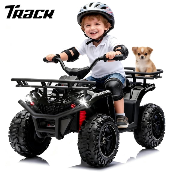 Track Seven 24V Ride on ATV, Kids ATV 4 Wheeler Quad Ride on Toy with Bluetooth, Crash Bar, Front & Rear Storage Rack, Power Display, LED Lights, Electric ATV for Boys Girls Aged 3+, Black