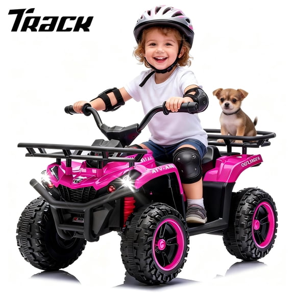 Track Seven 24V Ride on ATV, Kids ATV 4 Wheeler Quad Ride on Toy with Bluetooth, Crash Bar, Front & Rear Storage Rack, Power Display, LED Lights, Electric ATV for Boys Girls Aged 3+, Pink