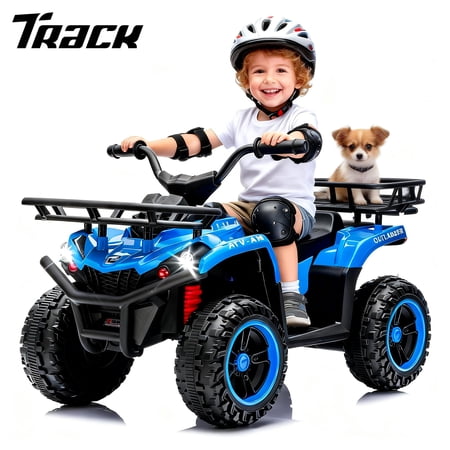 Track Seven 24V Ride on ATV, Kids ATV 4 Wheeler Quad Ride on Toy with Bluetooth, Crash Bar, Front & Rear Storage Rack, Power Display, LED Lights, Electric ATV for Boys Girls Aged 3+, Blue