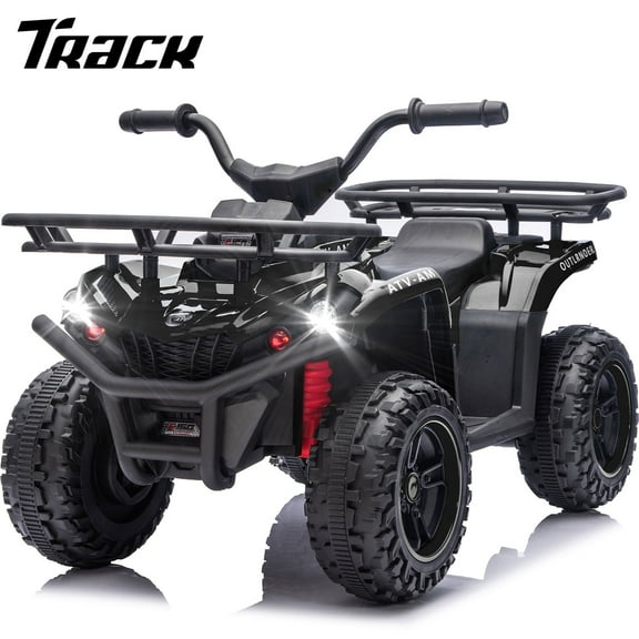 Track Seven 24V Ride on ATV, Kids ATV 4 Wheeler Quad Ride on Toy with Bluetooth, Crash Bar, Front & Rear Storage Rack, Power Display, LED Lights, Electric ATV for Boys Girls Aged 3+, Black