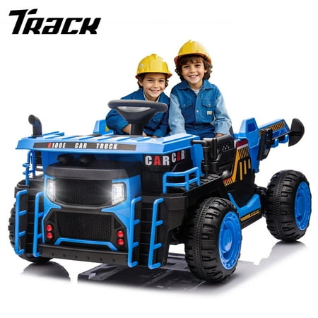 Track Seven 24V Ride on Car, 2-Seater Kids Ride on Dump Truck with E-Rear Dump, Remote Control, Bluetooth, LED Lights, 19.69" Width Seat, Max 5mph, 400W Motor, Electric Car for Boys Girls Age 3+, Blue