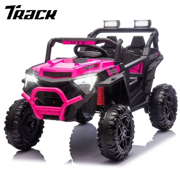 Track Seven 24V Ride on Car, 2WD Electric Off-Road UTV Truck w/ 400W Motors, Remote Control, Large Seat, Bluetooth, Lights, Power Display, Portable Handle, Electric Car for Boys Girls Aged 3+, Pink