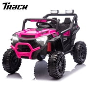 Track Seven 24V Ride on Car, 2WD Electric Off-Road UTV Truck w/ 400W Motors, Remote Control, Large Seat, Bluetooth, Lights, Power Display, Portable Handle, Electric Car for Boys Girls Aged 3+, Pink