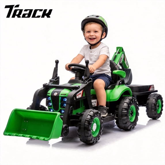 Track Seven 24V Ride on Excavator, 4-in-1 Construction Tractor with 180° Swivel Seat, Detachable Wagon, Manual Backhoe Lever, Remote Control, Music, 24V Ride on Toy Car for Boys Girls Aged 3+, Green