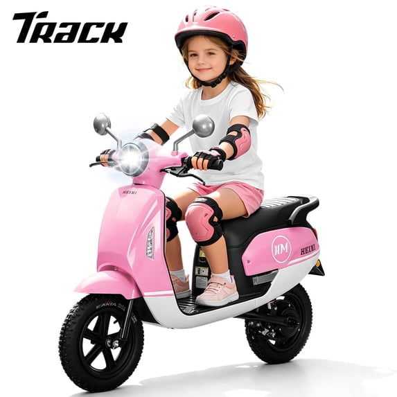 Track Seven 24V Ride-on Moped Scooter, Kids Electric Motorcycle for Boys Girls Ages 8-12, 250W Brushless Motor, 10 Mph Max Speed, Twist Throttle, 12" Pneumatic Tires, Bluetooth, LED Light, Pink