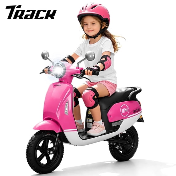 Track Seven 24V Ride-on Moped Scooter, Kids Electric Motorcycle for Boys Girls Ages 8-12, 250W Brushless Motor, 10 Mph Max Speed, Twist Throttle, 12" Pneumatic Tires, Bluetooth, LED Light, Rose