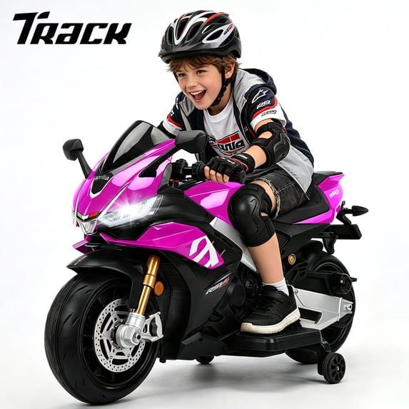 Track Seven 24V Ride on Motorcycle, Licensed Aprilia RSV4 Electric Motorcycle with Training Wheels, LED Lights, Music, Large Seat, Up to 10 Mph, 24V Ride on Toy Car for Boys Girls Aged 3+, Pink