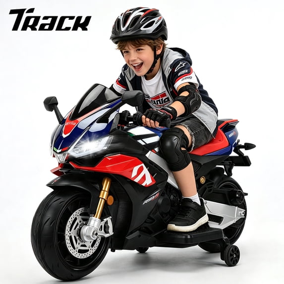 Track Seven 24V Ride on Motorcycle, Licensed Aprilia RSV4 Electric Motorcycle with Training Wheels, LED Lights, Music, Large Seat, Up to 5 Mph, 24V Ride on Toy Car for Boys Girls Aged 3+, Blue