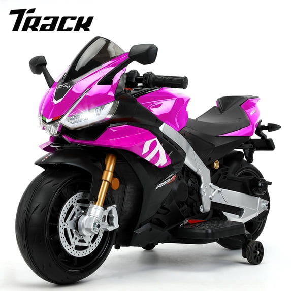 Track Seven 24V Ride on Motorcycle, Licensed Aprilia RSV4 Electric Motorcycle with Training Wheels, LED Lights, Music, Large Seat, Max 5 Mph, 24V Ride on Toy Car for Boys Girls Aged 3+, Pink