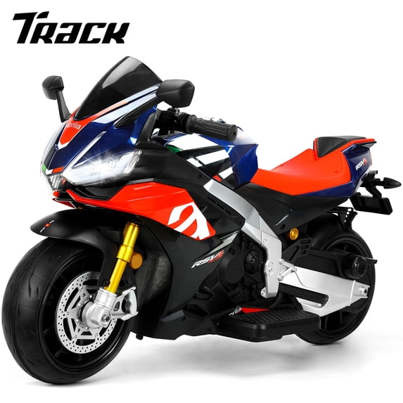 Track Seven 24V Ride on Motorcycle, Licensed Aprilia RSV4 Electric Motorcycle with Training Wheels, LED Lights, Music, Large Seat, Max 5 Mph, 24V Ride on Toy Car for Boys Girls Aged 3+, Blue