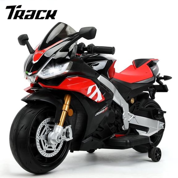 Track Seven 24V Ride on Motorcycle, Licensed Aprilia RSV4 Electric Motorcycle with Training Wheels, LED Lights, Music, Large Seat, Max 5 Mph, 24V Ride on Toy Car for Boys Girls Aged 3 , Black