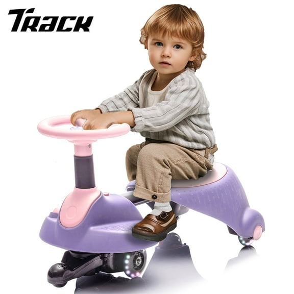 Track Seven 6V Electric Wiggle Car, 2 in 1 Electric Swing Car with Pedal, Flashing Wheels, Bluetooth, 360°, Retractable, Anti-Rollover, Max Speed 3.11mph, Ride on Toy Car for Kids Age 3+, Purple