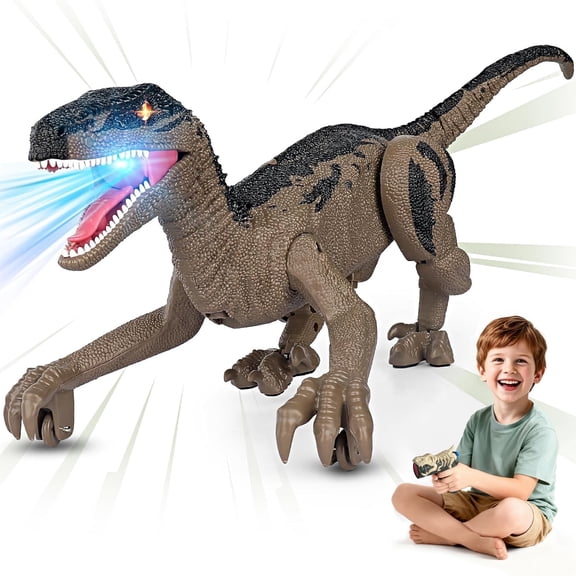 Track Seven Remote Control Dinosaur Toys for Kids Walking Robot RC with Lights, Sprays and Roars Sounds Dinosaur Toy Gifts for Boys Age 3-5, 5-7, 8-12 Years, Brown
